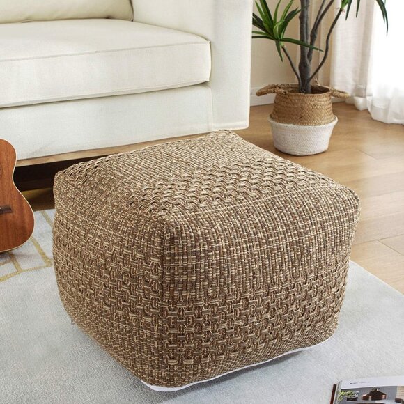 LongYTong Handwoven Pouf Ottoman Cover | Square Braided Foot Stool | Unstuffed - Picture 1 of 5